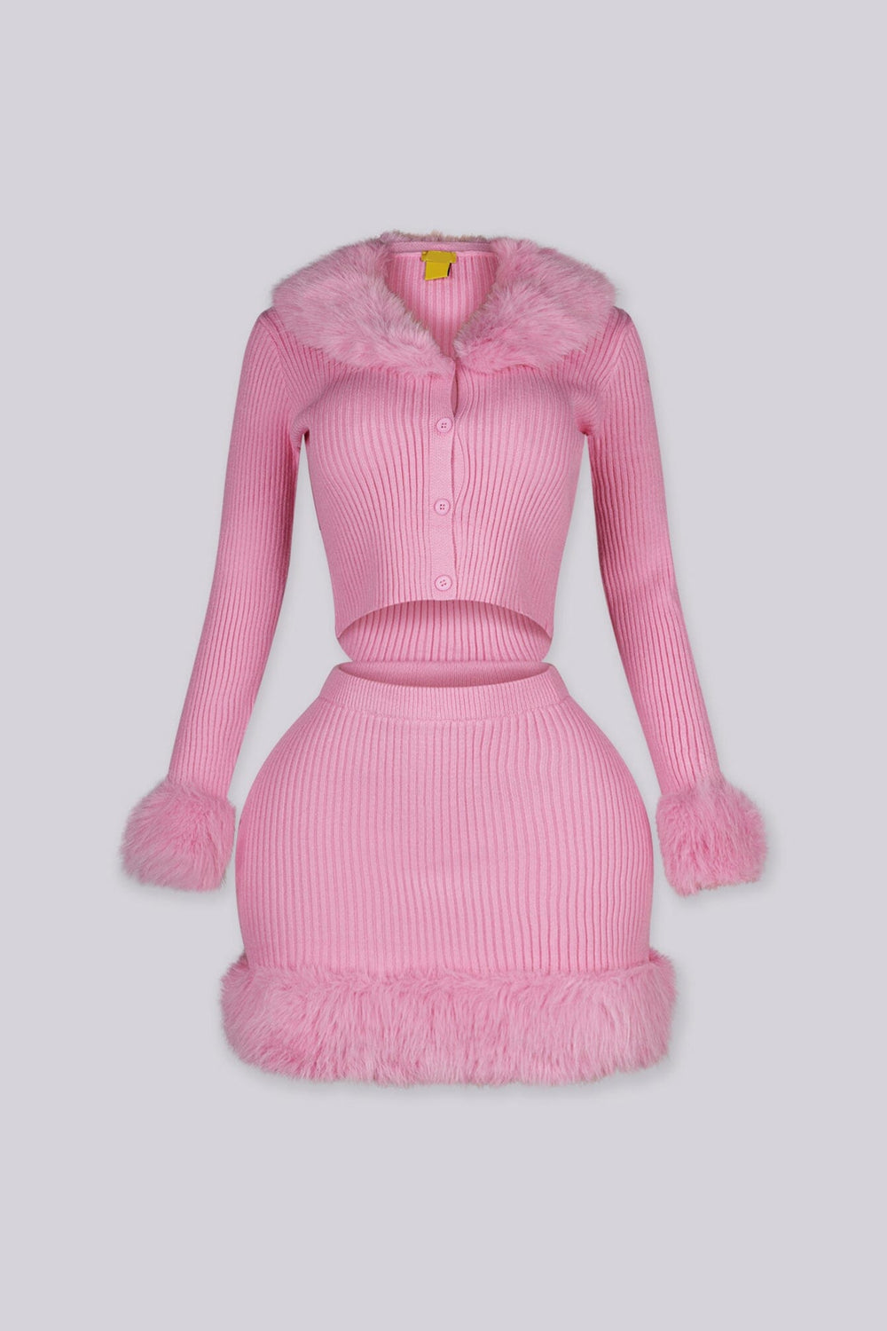 Cropped ribbed knit cardigan with detachable faux fur collar and faux fur trim cuffs