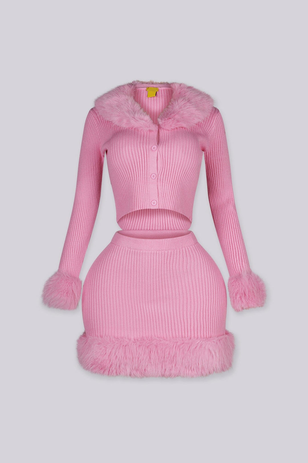 Cropped ribbed knit cardigan with detachable faux fur collar and faux fur trim cuffs