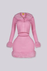 Cropped ribbed knit cardigan with detachable faux fur collar and faux fur trim cuffs