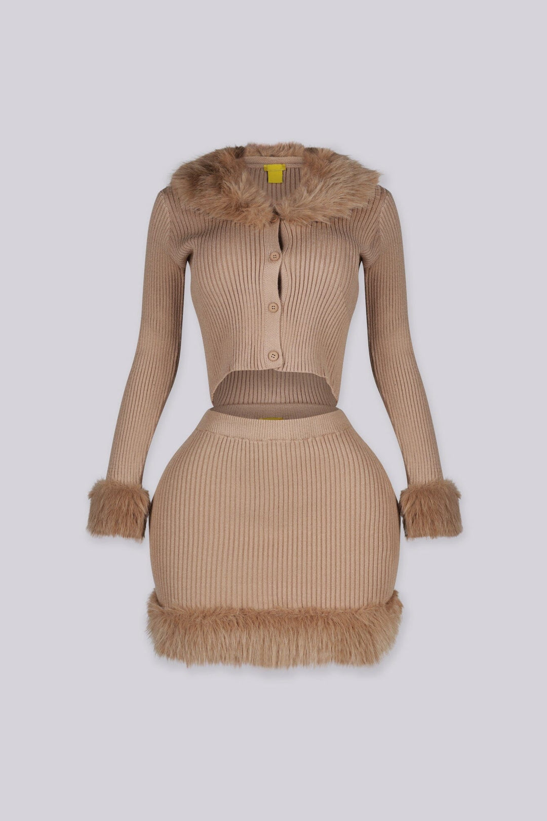 Cropped ribbed knit cardigan with detachable faux fur collar and faux fur trim cuffs