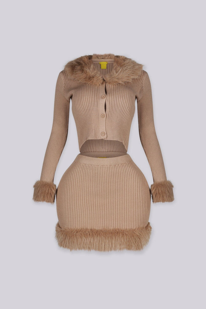Cropped ribbed knit cardigan with detachable faux fur collar and faux fur trim cuffs