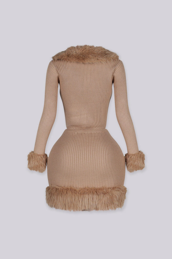 Kensley Faux Fur Trim Knit Cardigan &amp; Skirt SET