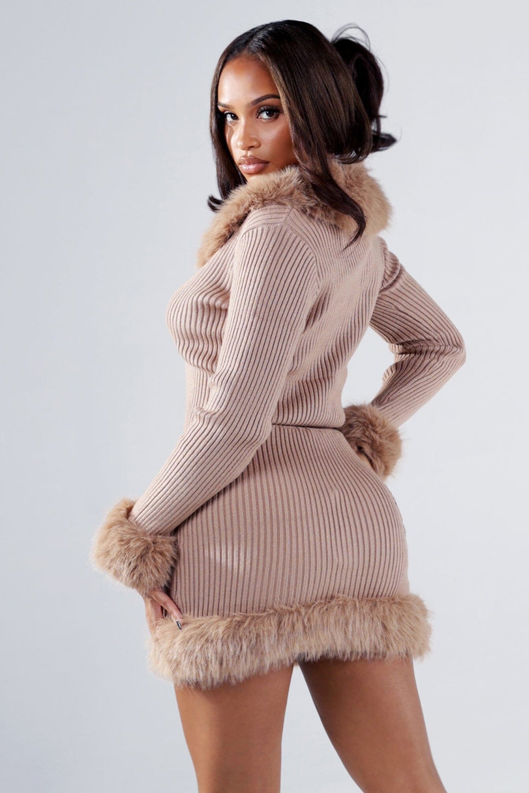 Kensley Faux Fur Trim Knit Cardigan &amp; Skirt SET