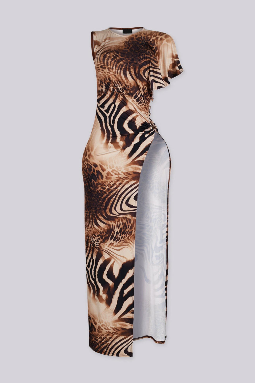 Asymmetric animal print one shoulder neckline maxi dress with a ruffled cap sleeve