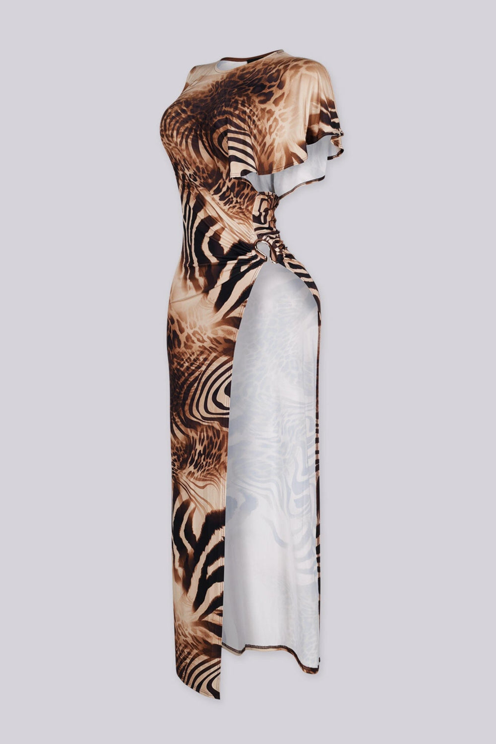 Asymmetric animal print one shoulder neckline maxi dress with a ruffled cap sleeve