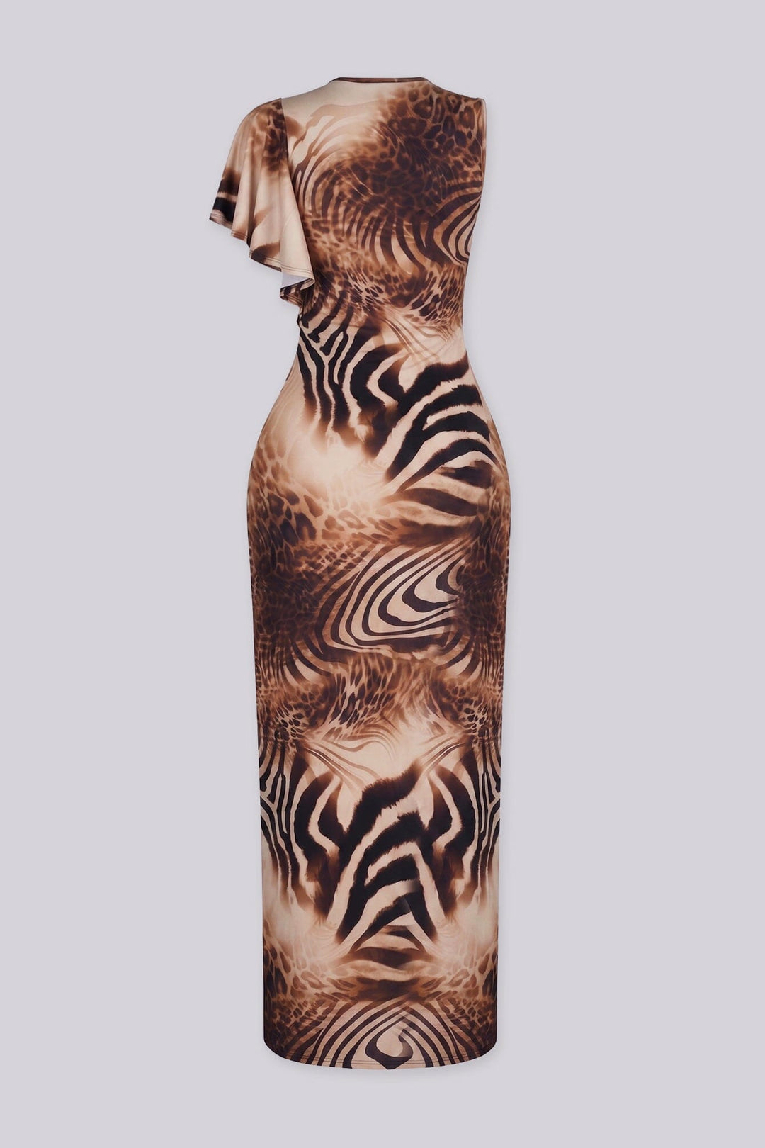 Asymmetric animal print one shoulder neckline maxi dress with a ruffled cap sleeve
