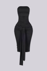 Strapless ruched capri jumpsuit featuring front knot and drape detail at hip, Slip on closure
