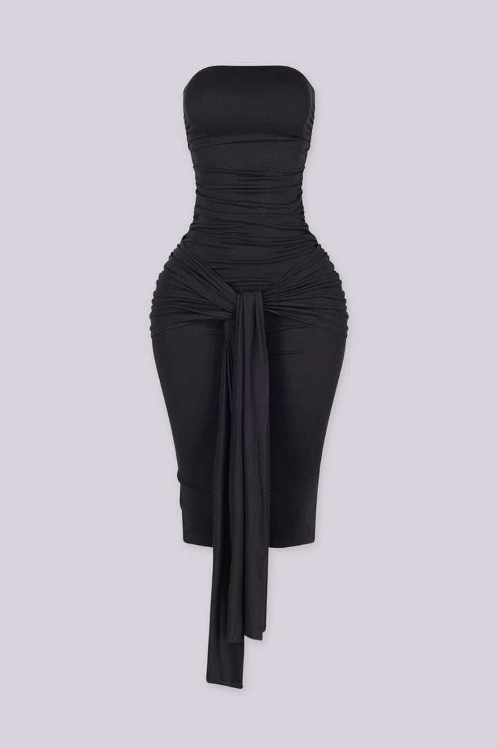 Strapless ruched capri jumpsuit featuring front knot and drape detail at hip, Slip on closure