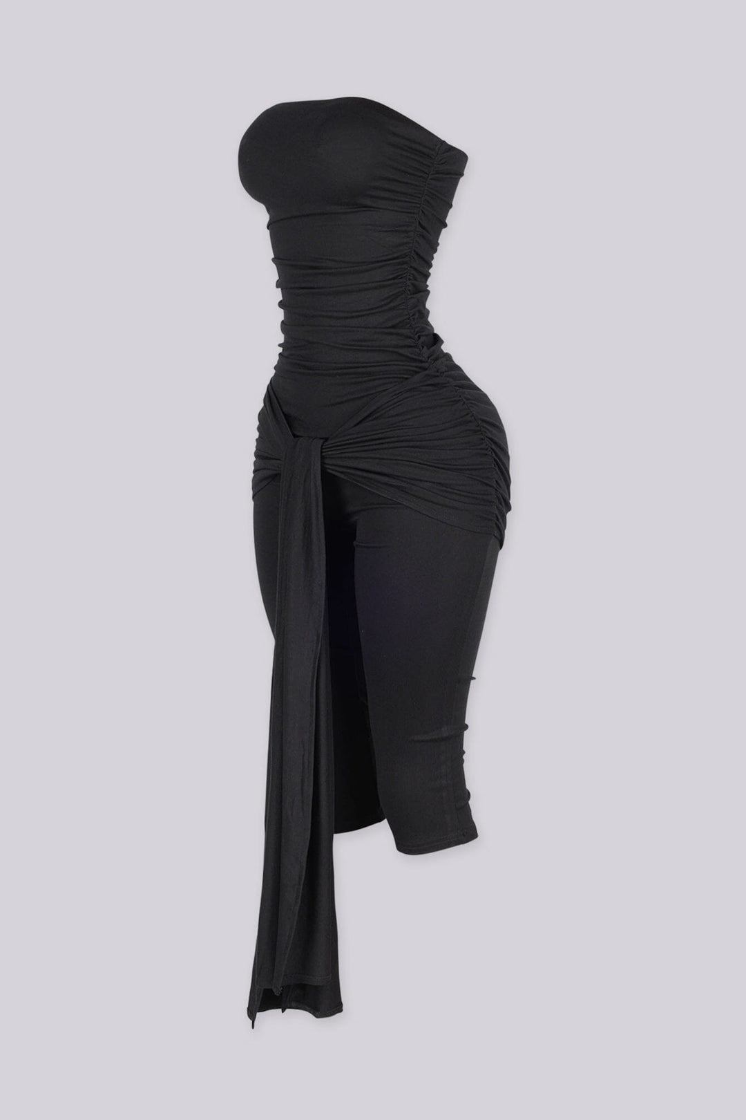 Strapless ruched capri jumpsuit featuring front knot and drape detail at hip, Slip on closure
