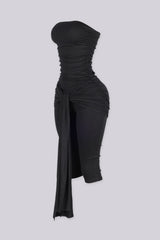 Strapless ruched capri jumpsuit featuring front knot and drape detail at hip, Slip on closure
