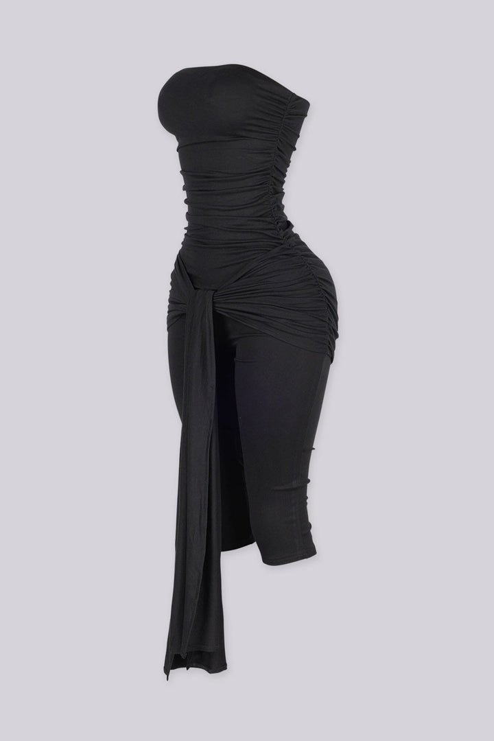 Strapless ruched capri jumpsuit featuring front knot and drape detail at hip, Slip on closure