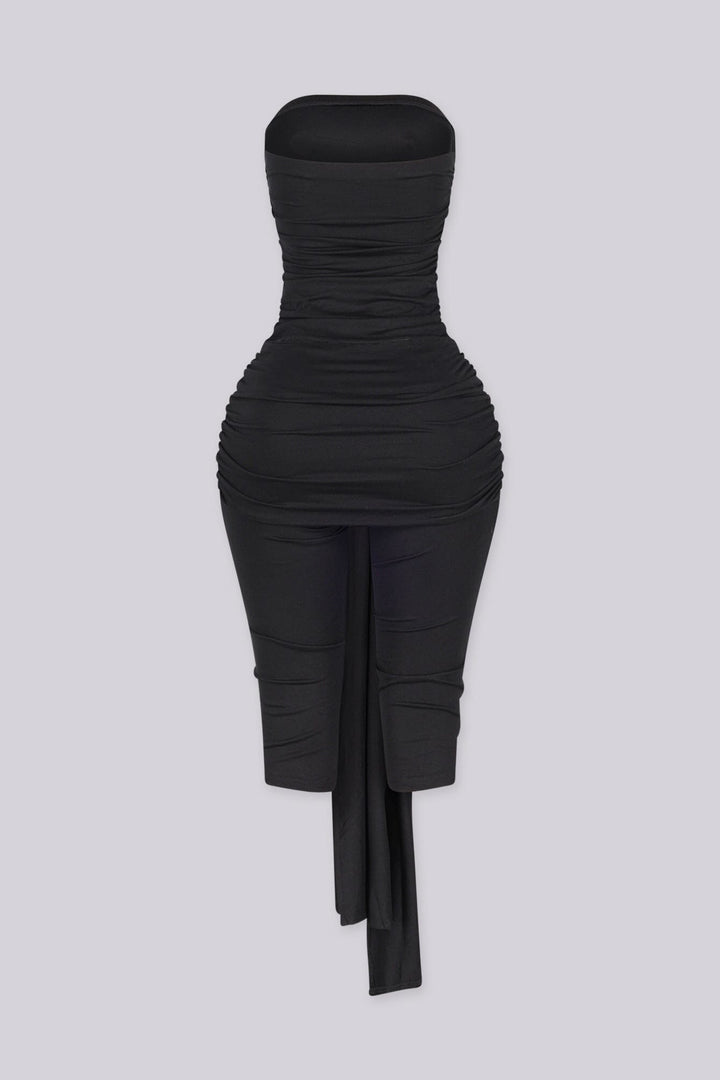 Strapless ruched capri jumpsuit featuring front knot and drape detail at hip, Slip on closure