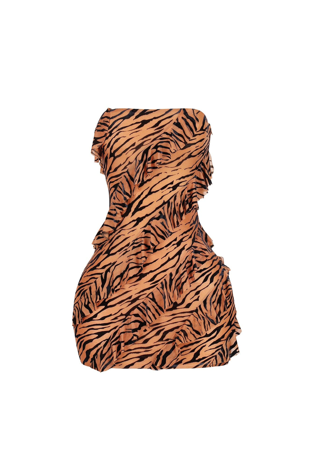 Mesh velvet burnout mini tube dress with all over burnout pattern featuring diagonal cascading ruffles for texture and movement