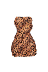Mesh velvet burnout mini tube dress with all over burnout pattern featuring diagonal cascading ruffles for texture and movement