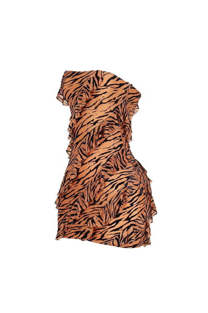 Mesh velvet burnout mini tube dress with all over burnout pattern featuring diagonal cascading ruffles for texture and movement
