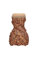 Mesh velvet burnout mini tube dress with all over burnout pattern featuring diagonal cascading ruffles for texture and movement
