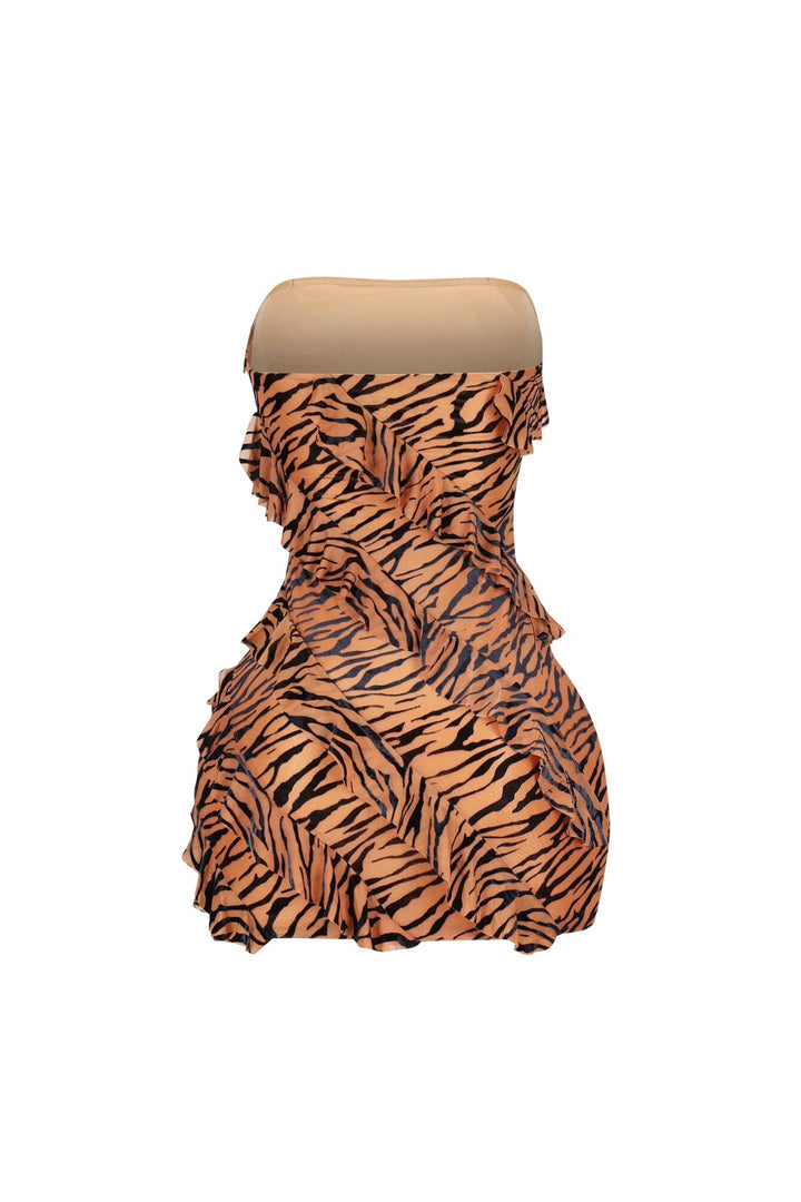 Mesh velvet burnout mini tube dress with all over burnout pattern featuring diagonal cascading ruffles for texture and movement