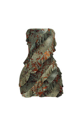 Mesh velvet burnout mini tube dress with all over burnout pattern featuring diagonal cascading ruffles for texture and movement