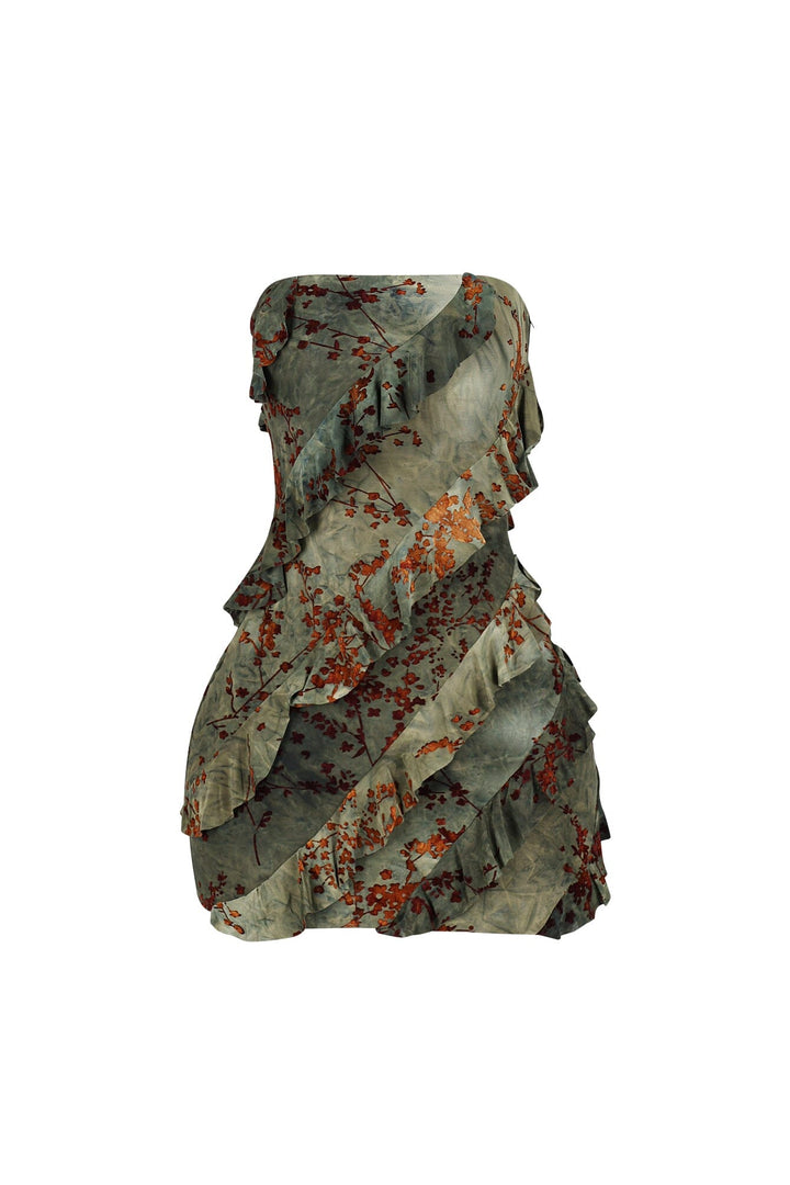 Mesh velvet burnout mini tube dress with all over burnout pattern featuring diagonal cascading ruffles for texture and movement