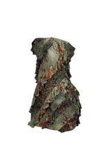 Mesh velvet burnout mini tube dress with all over burnout pattern featuring diagonal cascading ruffles for texture and movement