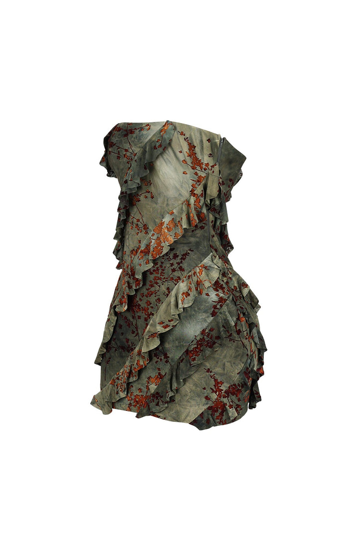 Mesh velvet burnout mini tube dress with all over burnout pattern featuring diagonal cascading ruffles for texture and movement