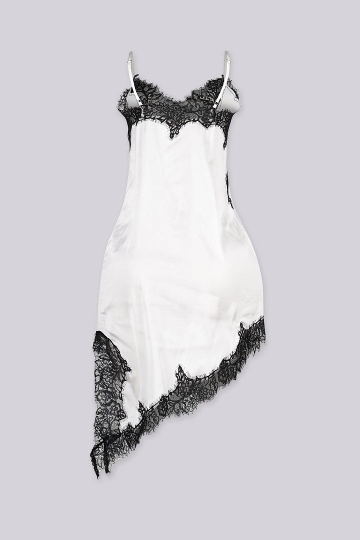 Asymmetrical hemline mini dress with v neckline and spaghetti straps featuring black lace trim