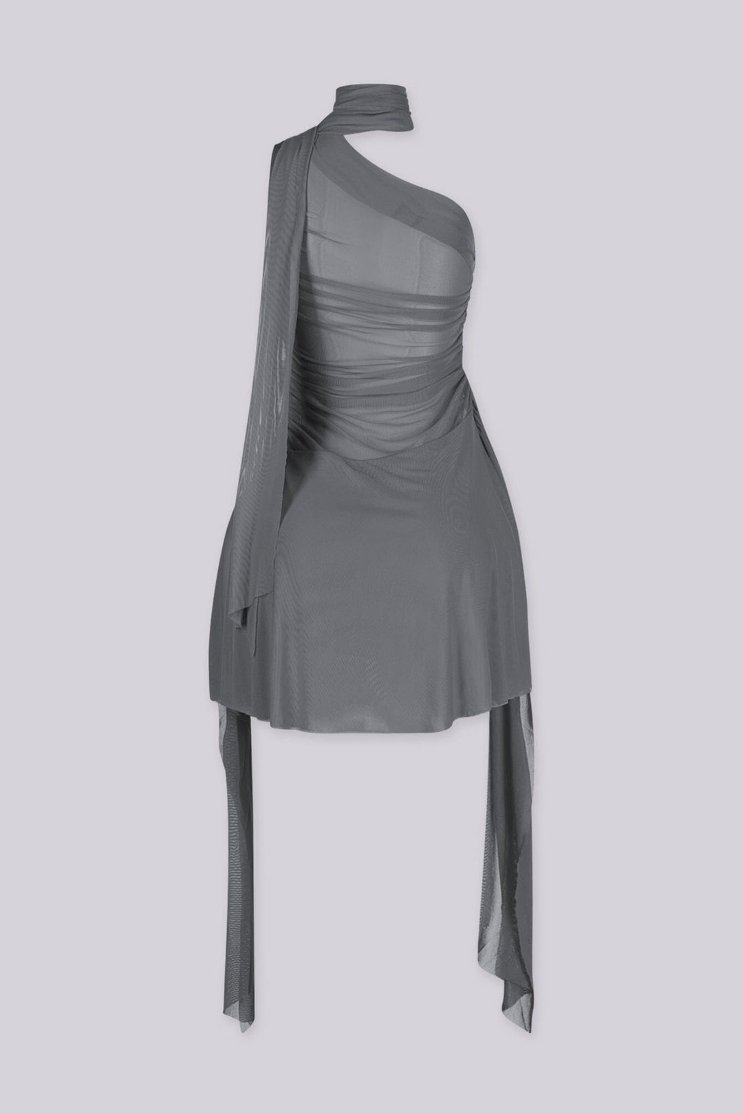 Asymmetrical one shoulder neckline mini dress with built in scarf, gray back view