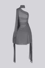 Asymmetrical one shoulder neckline mini dress with built in scarf, gray back view