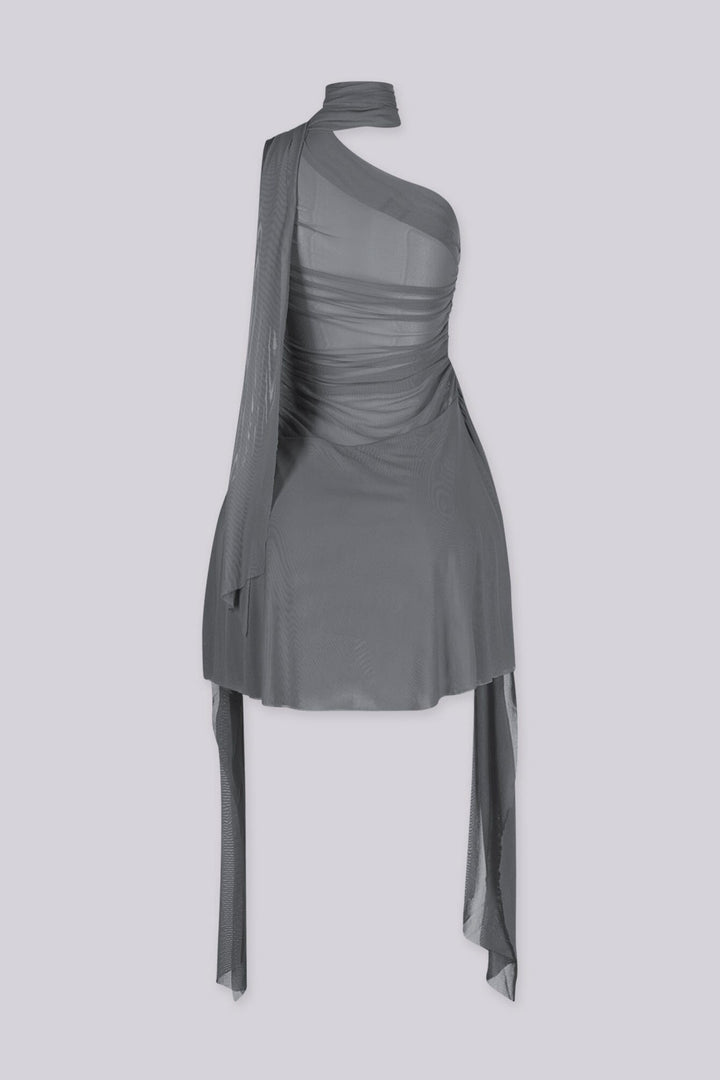 Asymmetrical one shoulder neckline mini dress with built in scarf, gray back view