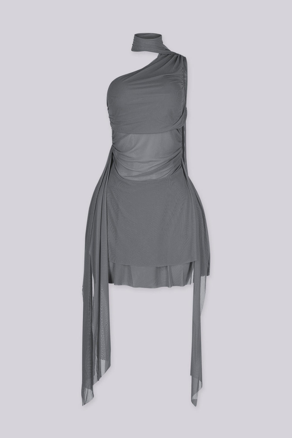 Asymmetrical one shoulder neckline mini dress with built in scarf, gray front view