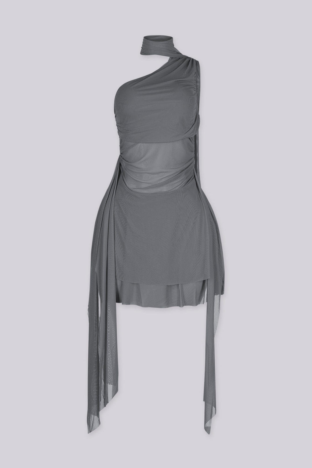 Asymmetrical one shoulder neckline mini dress with built in scarf, gray front view