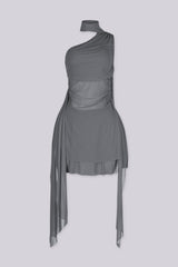 Asymmetrical one shoulder neckline mini dress with built in scarf, gray front view