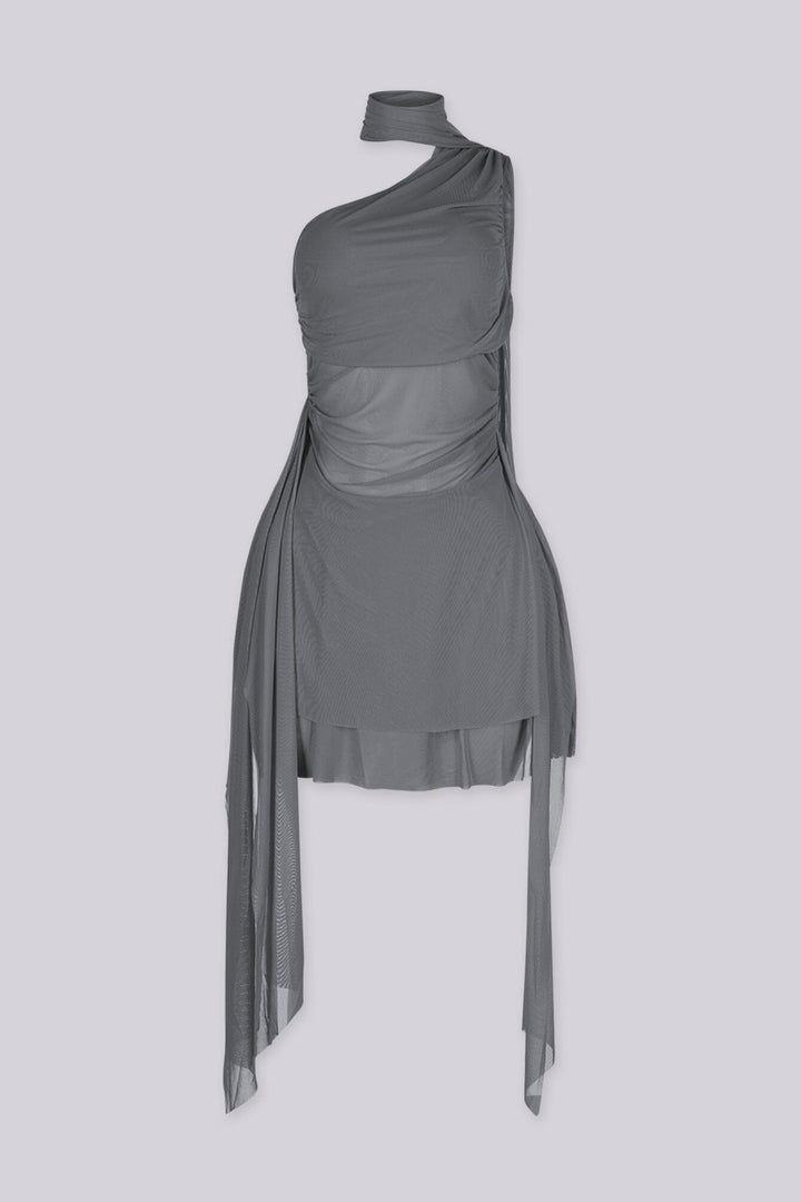 Asymmetrical one shoulder neckline mini dress with built in scarf, gray front view