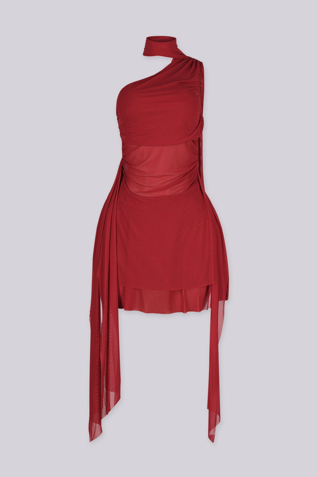 Asymmetrical one shoulder neckline mini dress with built in scarf