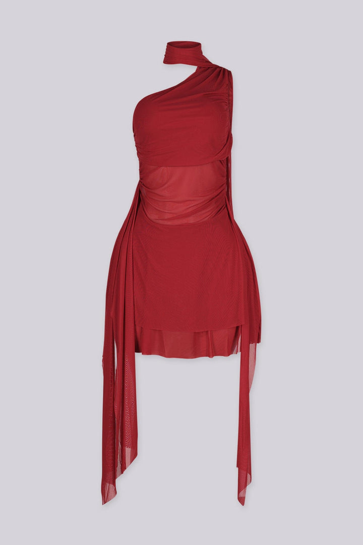 Asymmetrical one shoulder neckline mini dress with built in scarf