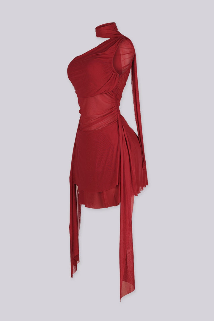 Asymmetrical one shoulder neckline mini dress with built in scarf