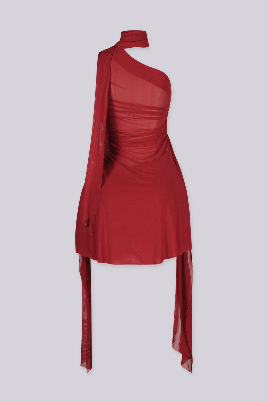 Asymmetrical one shoulder neckline mini dress with built in scarf