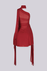 Asymmetrical one shoulder neckline mini dress with built in scarf