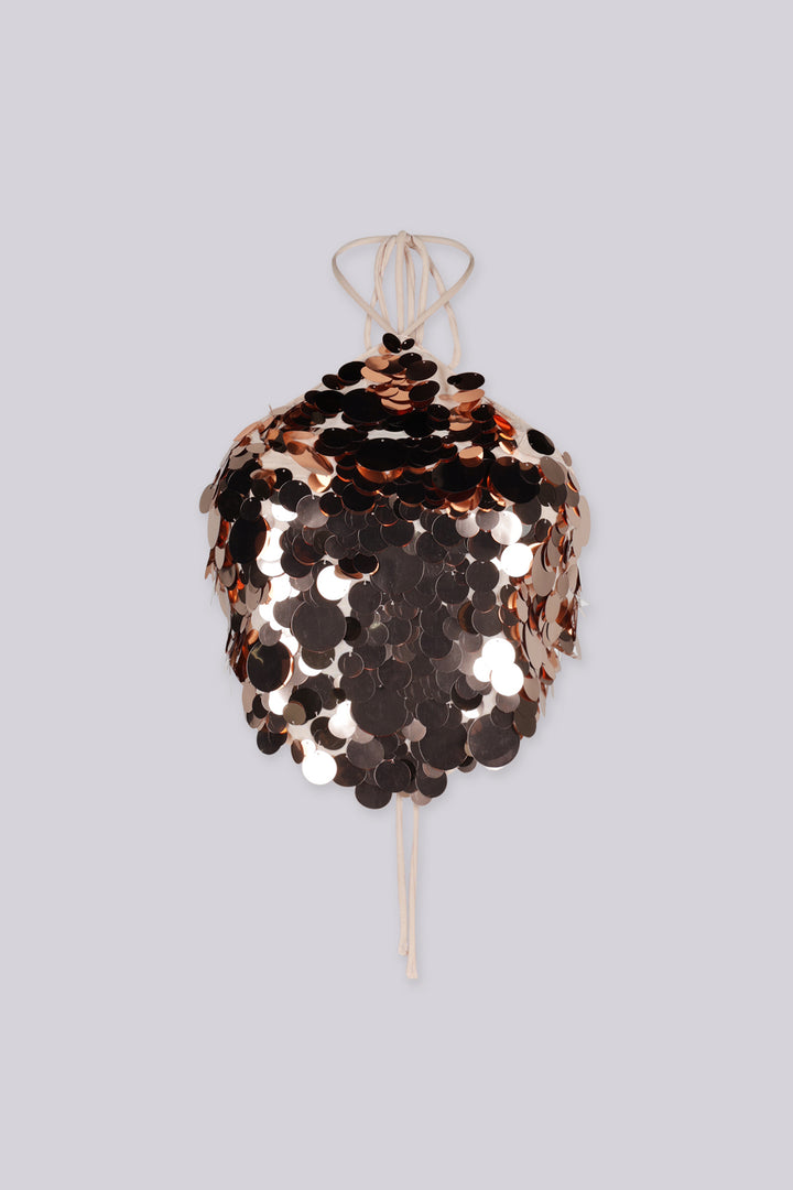 Triangle halter top with thin adjustable spaghetti straps featuring oversized paillette disc sequins cascade across the entire front