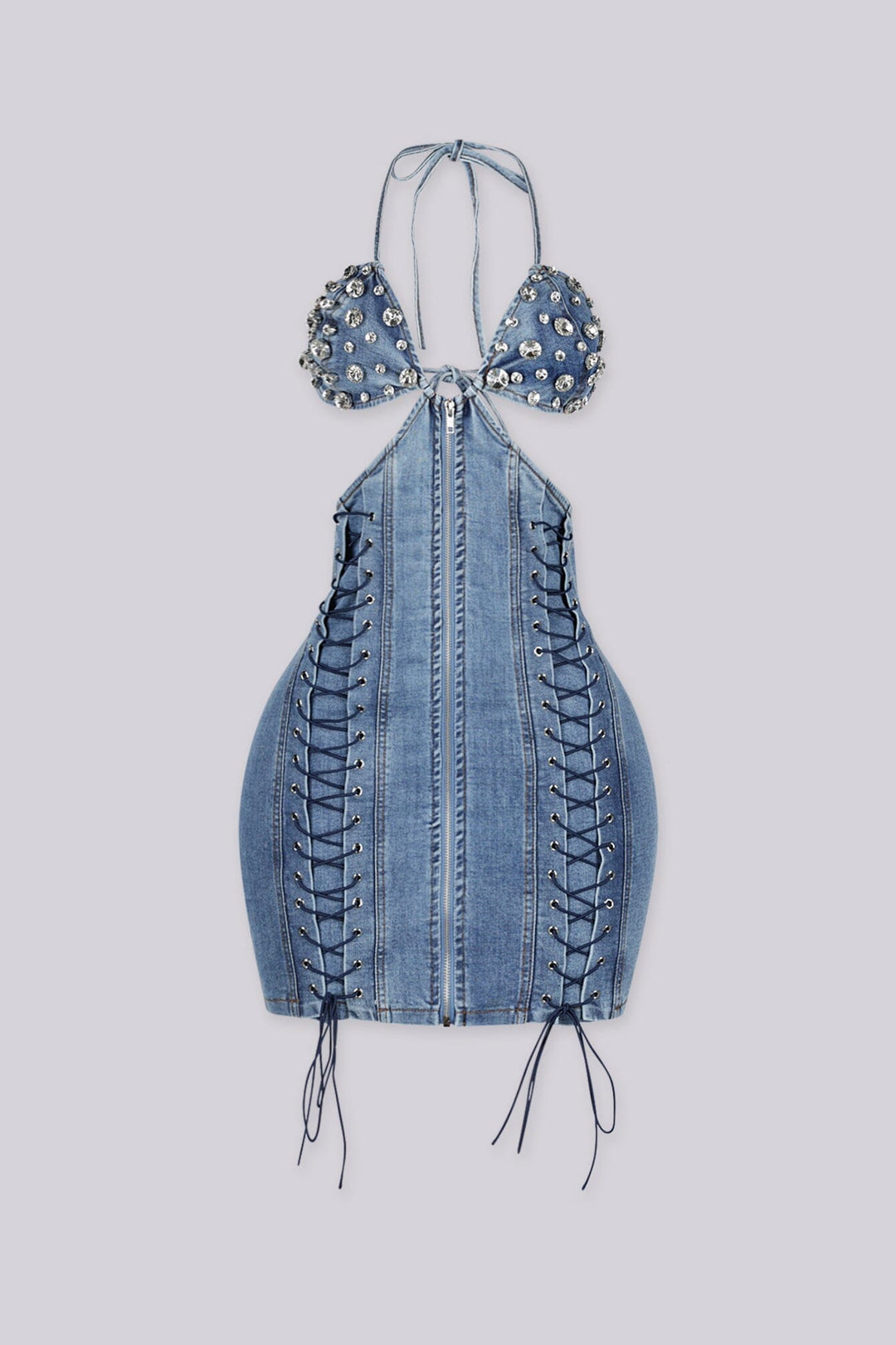 Denim mini dress with rhinestone embellished bra top with adjustable straps at the nape and back
