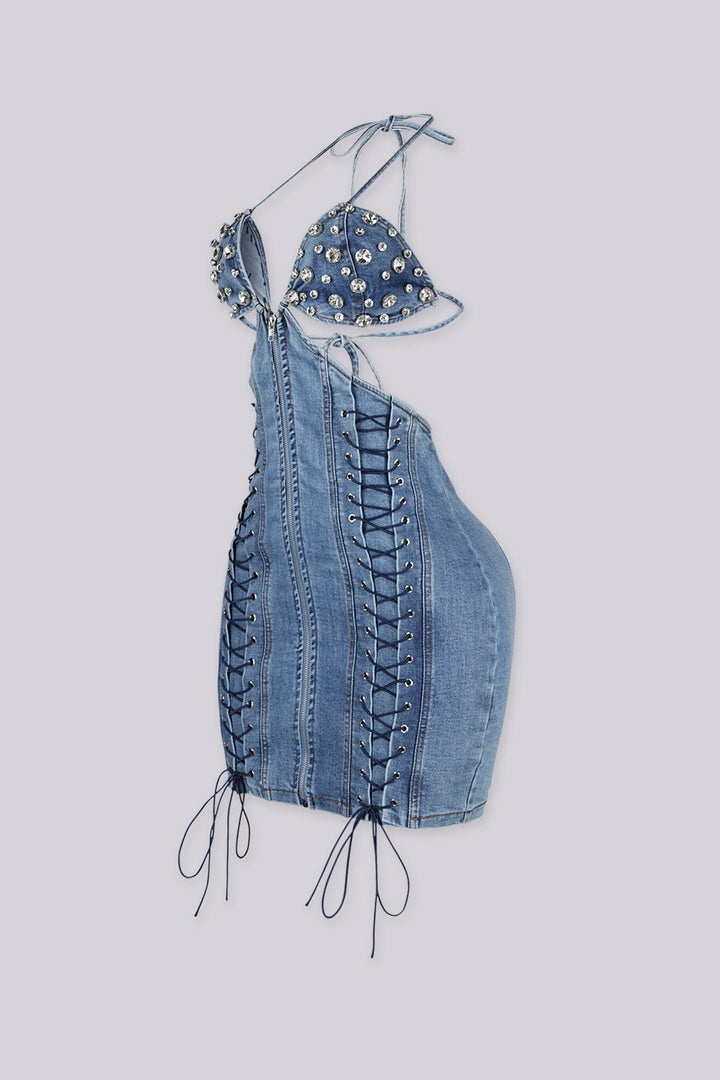 Denim mini dress with rhinestone embellished bra top with adjustable straps at the nape and back
