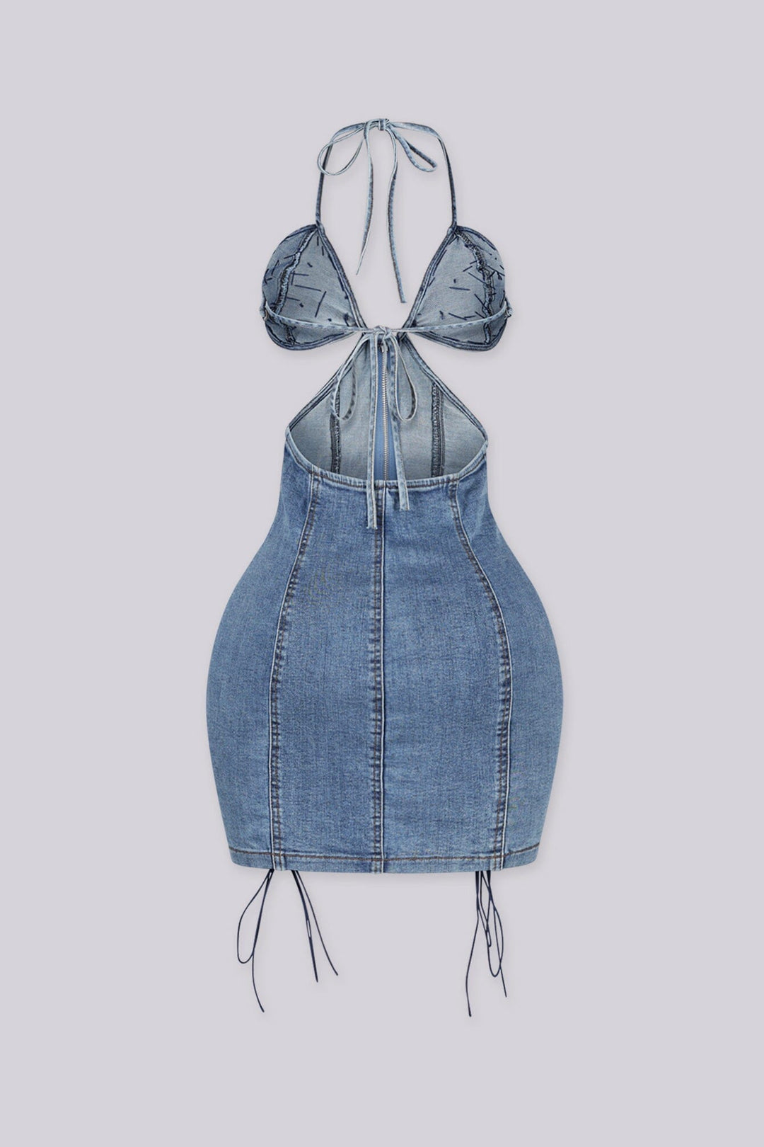 Denim mini dress with rhinestone embellished bra top with adjustable straps at the nape and back
