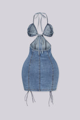 Denim mini dress with rhinestone embellished bra top with adjustable straps at the nape and back