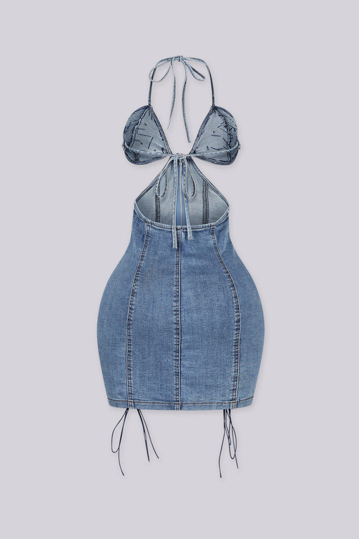 Denim mini dress with rhinestone embellished bra top with adjustable straps at the nape and back