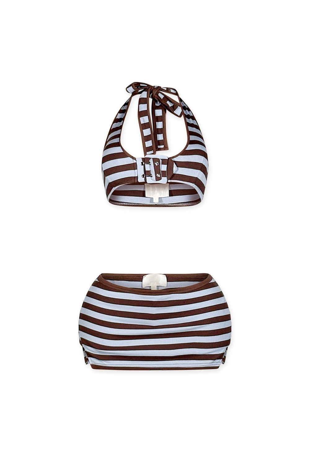 Ribbed knit striped halter top featuring adjustable buckle detail at front