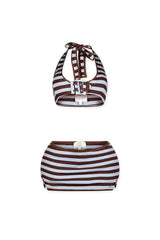 Ribbed knit striped halter top featuring adjustable buckle detail at front