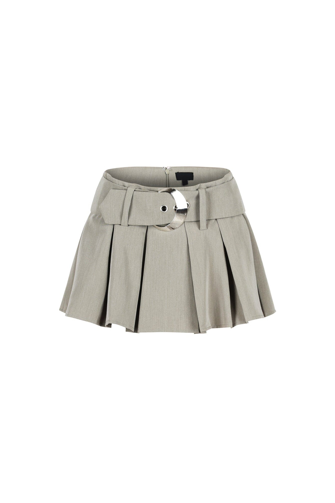 EDGE — light olive belted pleated mini skirt with silver buckle detail, front view flat lay