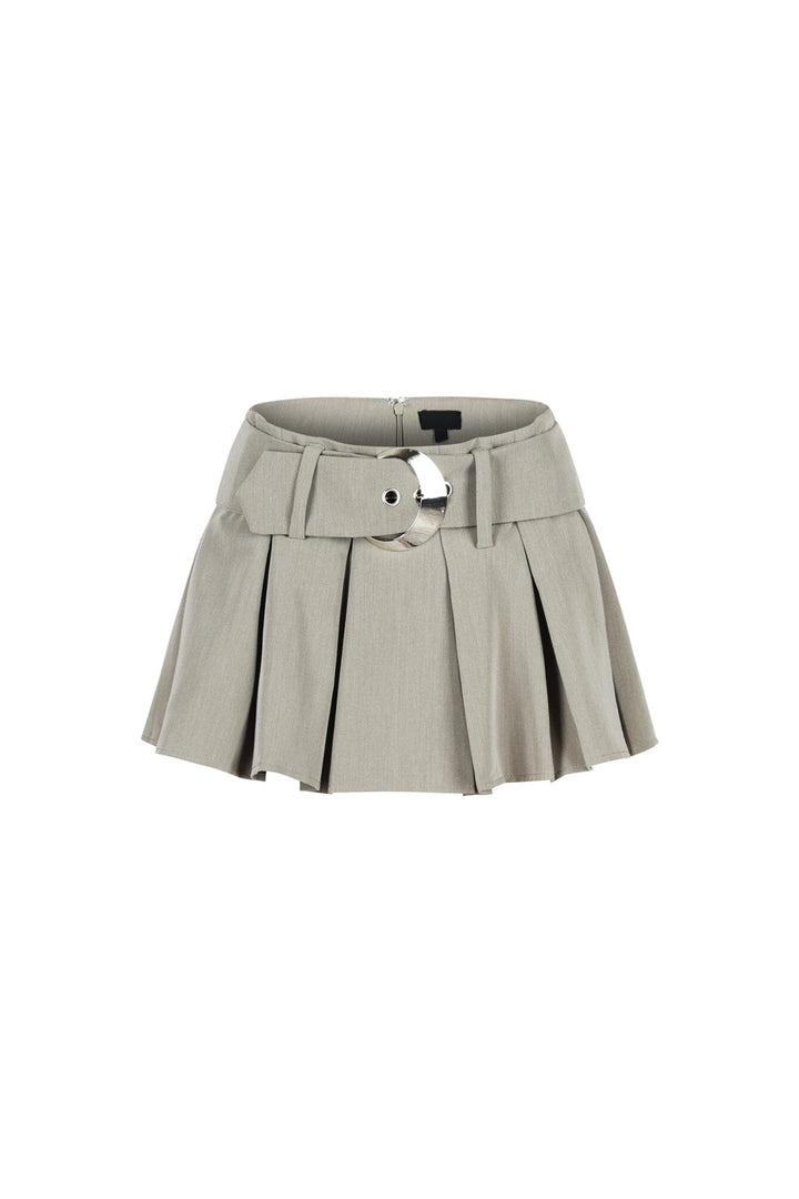 EDGE — light olive belted pleated mini skirt with silver buckle detail, front view flat lay