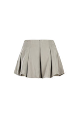 EDGE — light olive belted pleated mini skirt with silver buckle detail, back view flat lay
