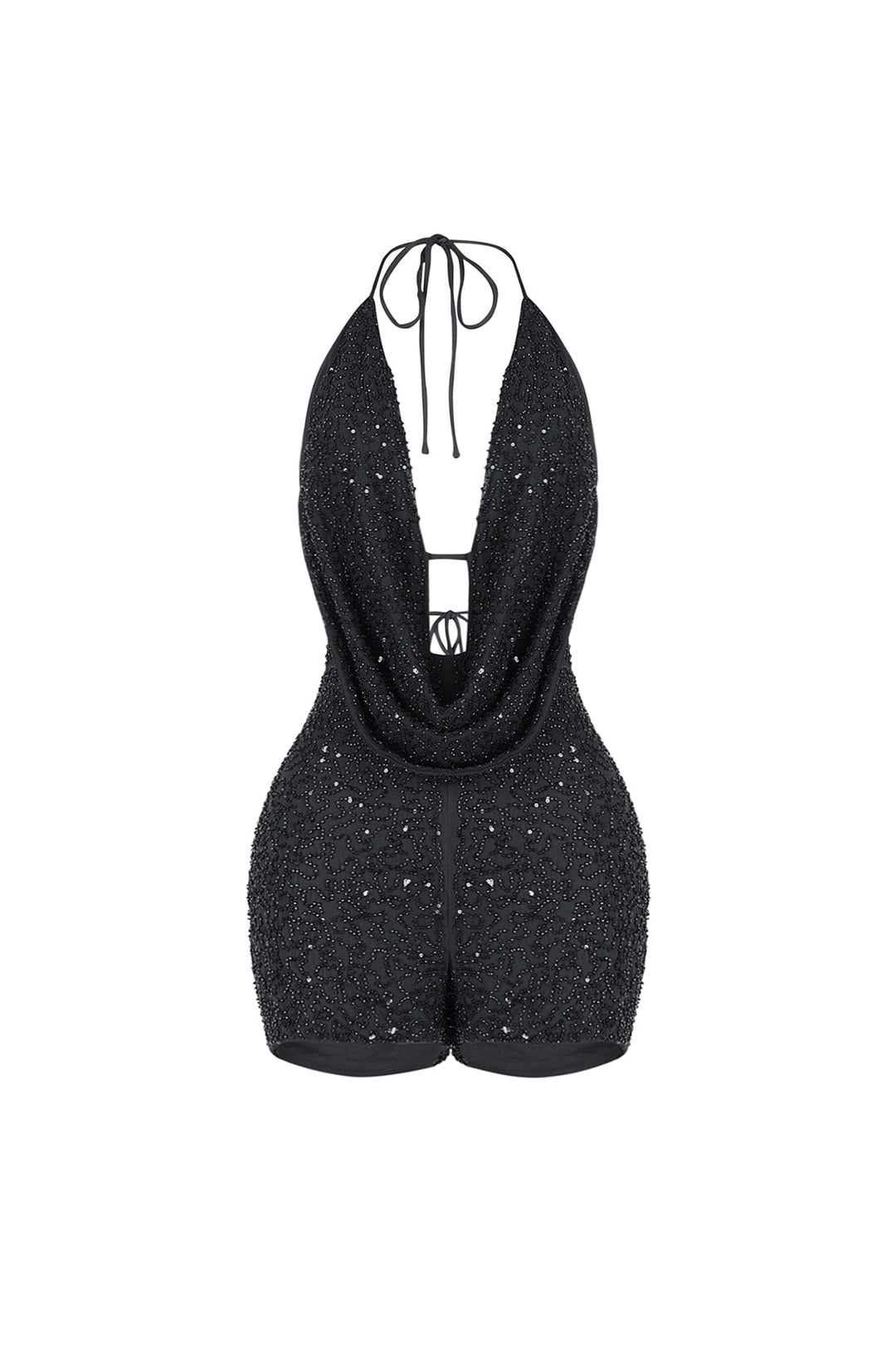 Deep plunging halter mini romper with draped cowl neck overlay and small strap connector featuring scatter shimmering beads